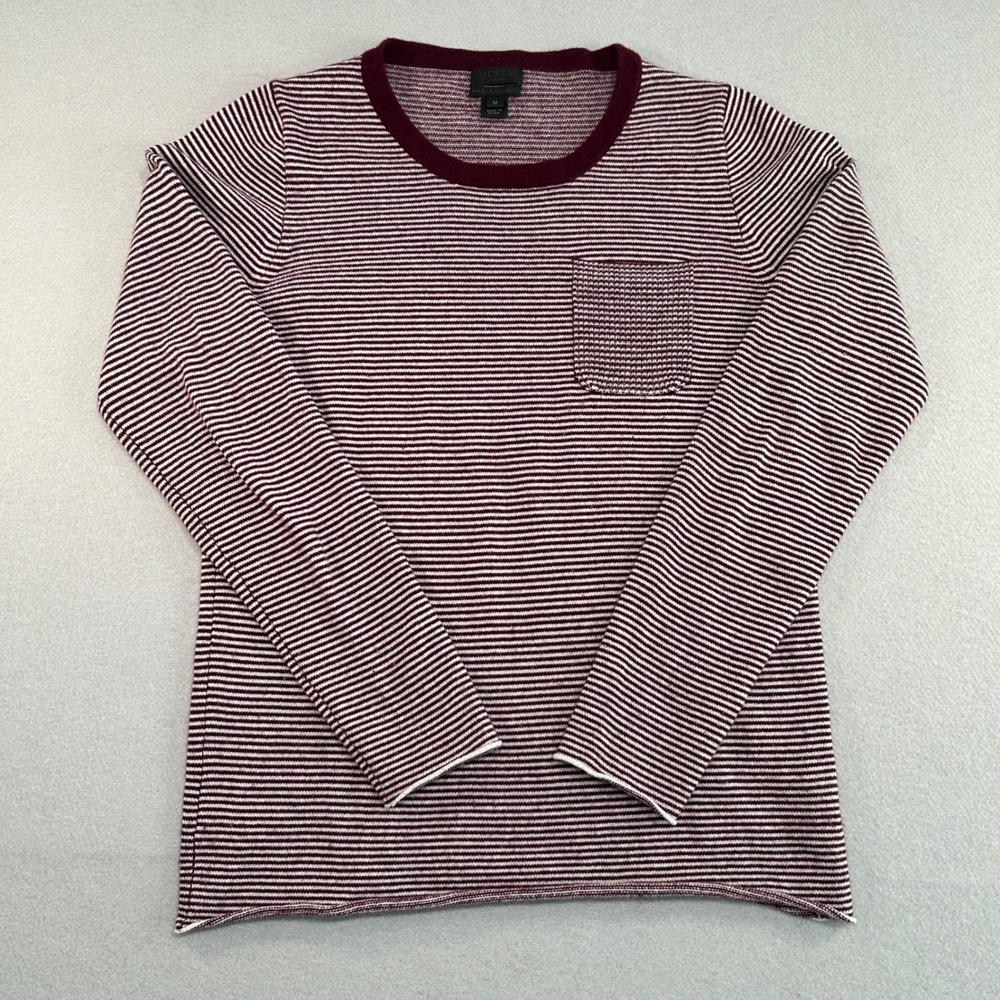 J.Crew Sweater Women Medium Burgundy Striped Italian Cashmere Pocket 09586